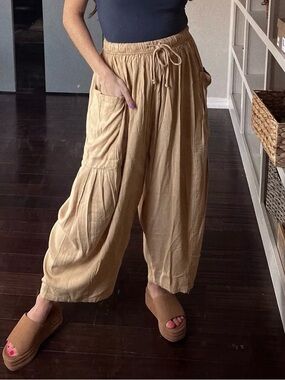 Free People Wide‑Leg Quinn Drawstring Pants in Beige